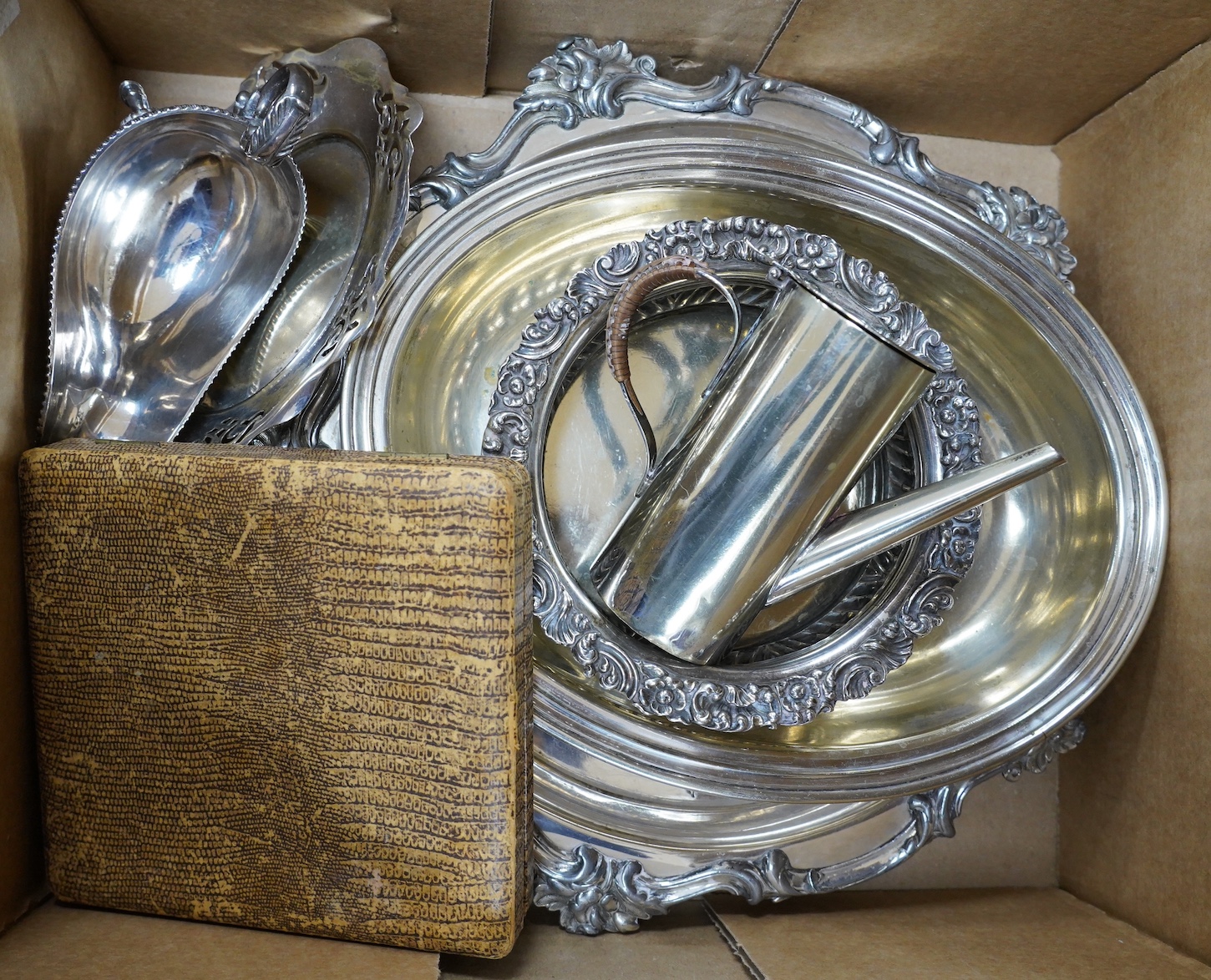 Assorted plated ware including a salver, a sauceboat and a cased set of forks